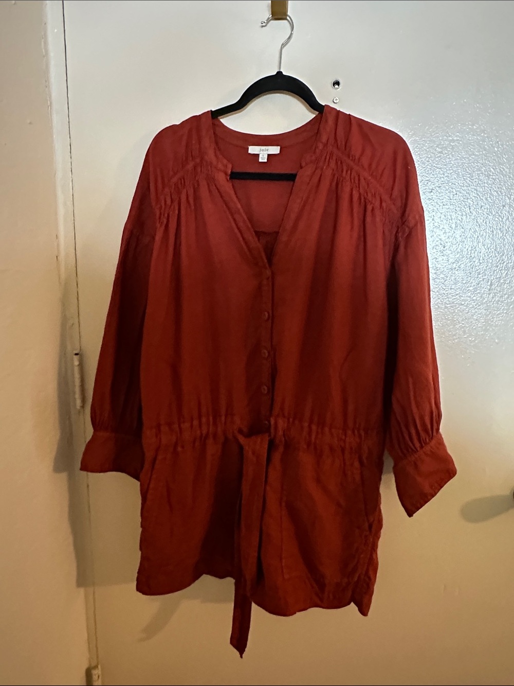 Joie Brown Linen V-Neck Long Sleeve Button-Front Pockets Romper L
